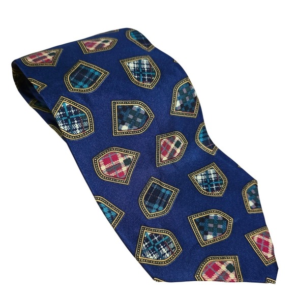 Tommy Hilfiger Other - VTG Tommy Hilfiger Silk Tie Navy Blue‎ Plaid Crest Shield 90s Y2K Made in USA